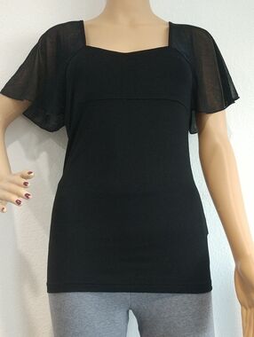 VENUS Black Square Neck Top with Sheer Flutter Sleeves